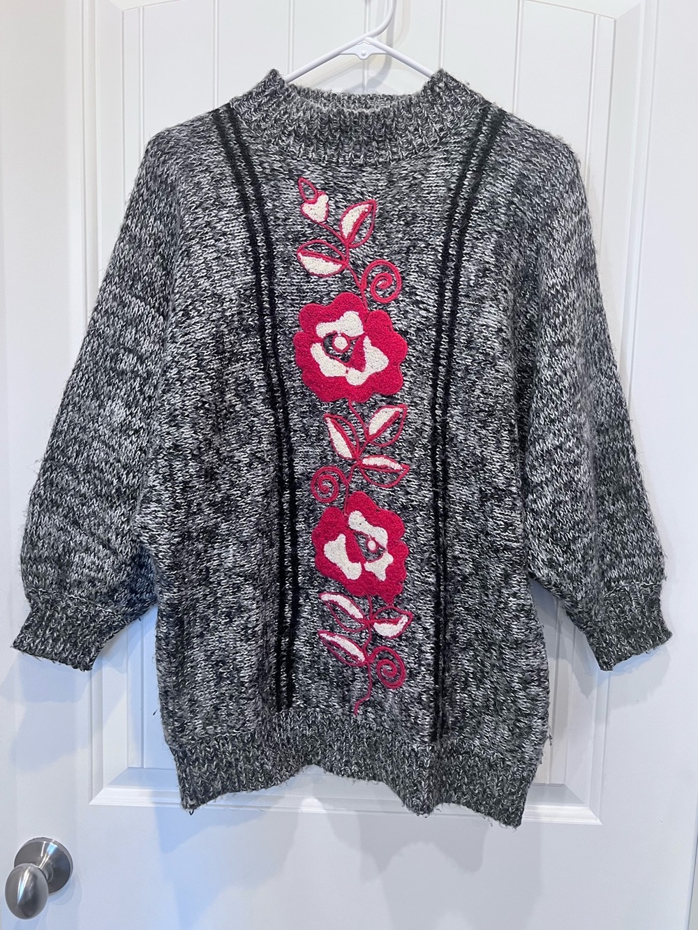 Vintage Adolfo Charcoal Gray Marled Sweater Red White Floral Embroidery Small